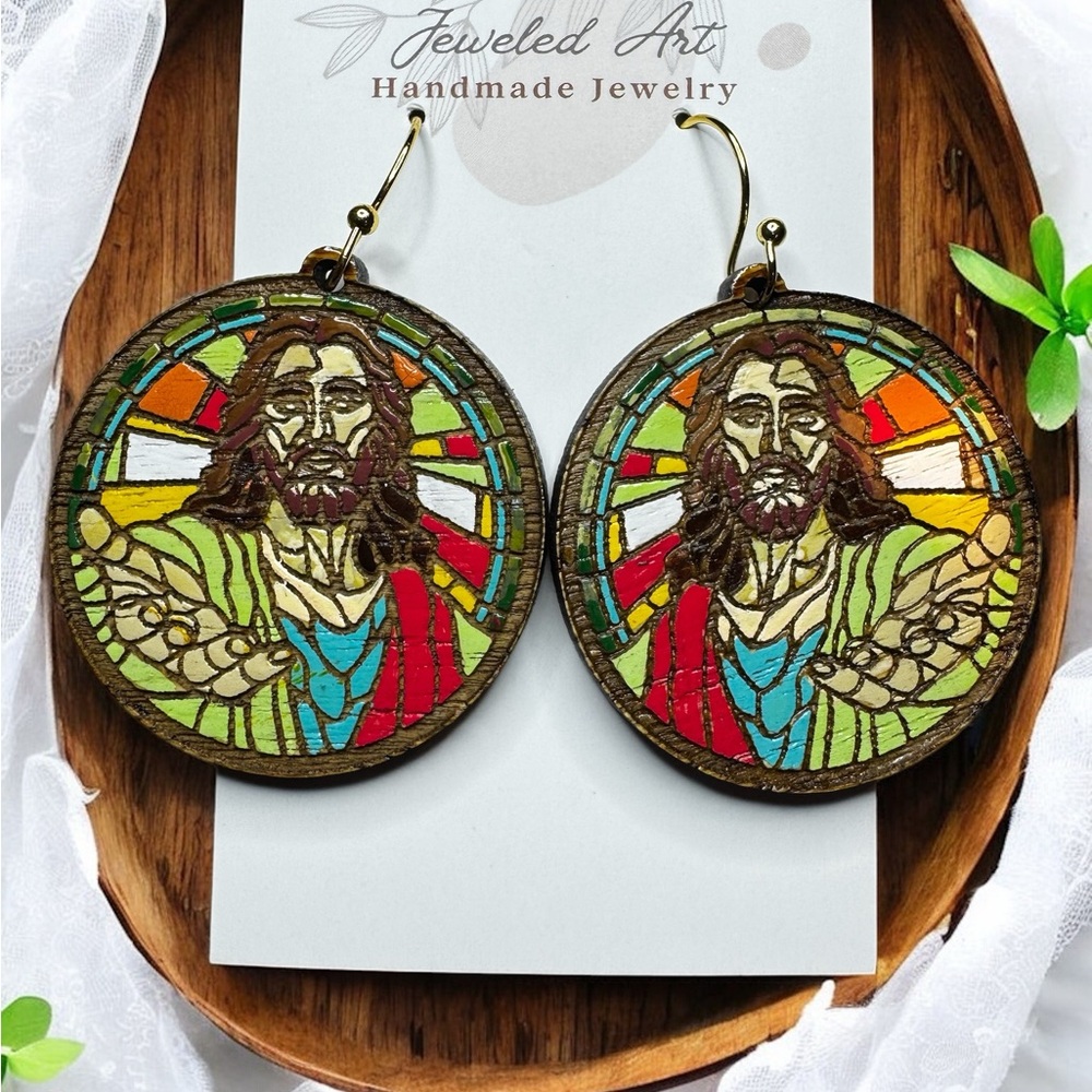 Jeweled Art Hand Painted Jesus Stained Glass. Wood Engraved Earrings - Picture 5 of 5